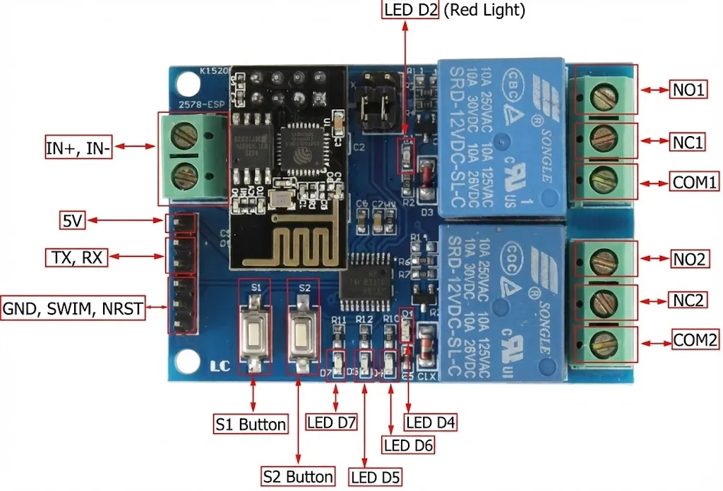 ESP8266 ESP‑01 12V 2‑Channel Wi‑Fi Relay Module (Dual Buttons) 1 download 1