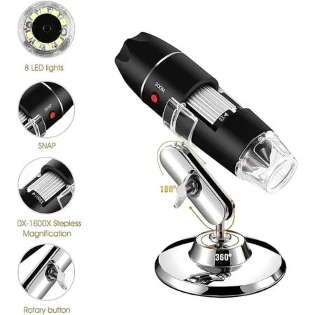 Digital Microscope USB 1600x — 8‑LED Ring • Focus Roller • Metal Stand (Micro USB)