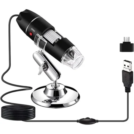 Digital Microscope USB 1600x — 8‑LED Ring • Focus Roller • Metal Stand (Micro +Type C USB)