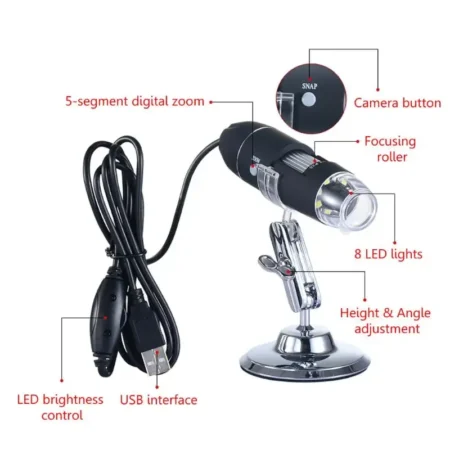 Digital Microscope USB 1600x — 8‑LED Ring • Focus Roller • Metal Stand (Micro USB)
