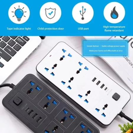 Universal Power Strip 2m — 4 AC Outlets + 3×USB-A + 1×USB-C (PD) | Multi-Device Charging Extension Lead