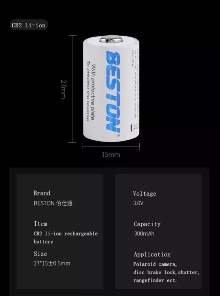 Beston CD-643 CR2 Charger with 2×CR2 3.0V 300mAh Li-ion Battery