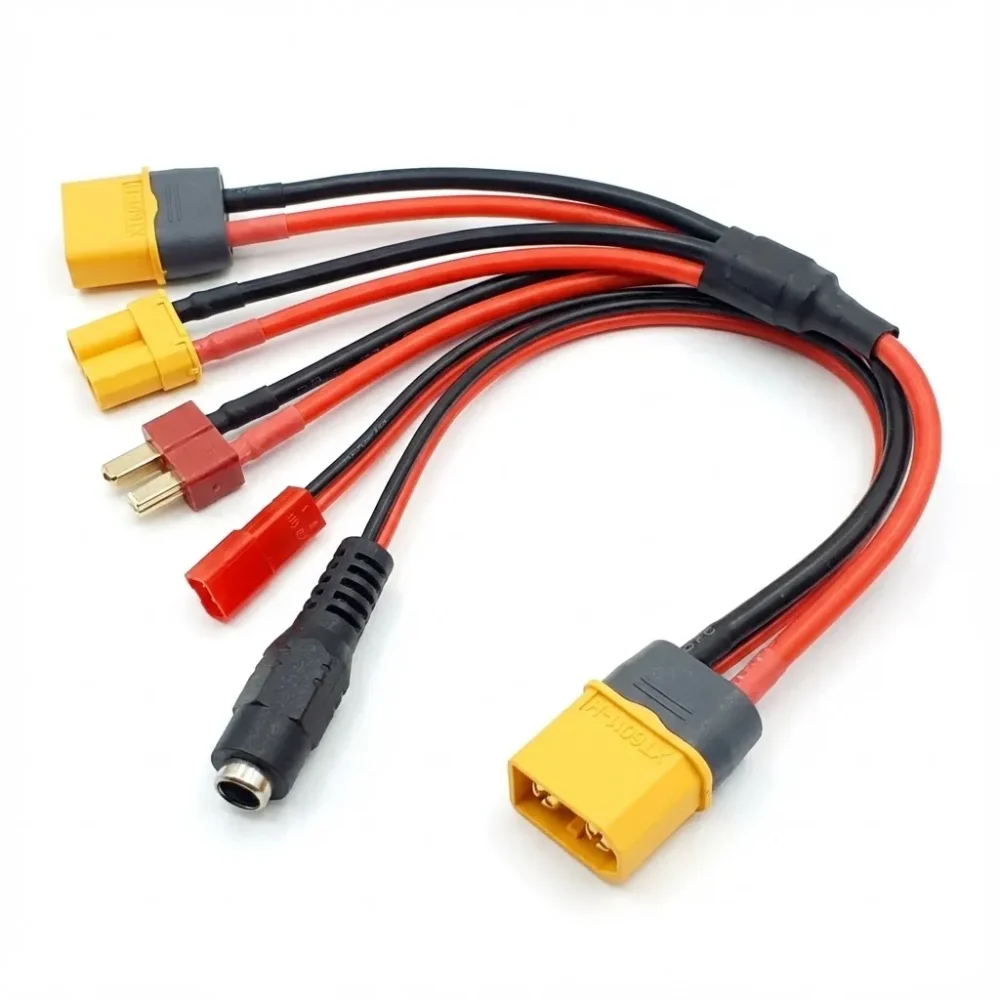 XT60 Female to XT60, XT30, JST-Red, T-Plug (Deans) & 5.5×2.1 mm DC Female Splitter Cable – 20 cm