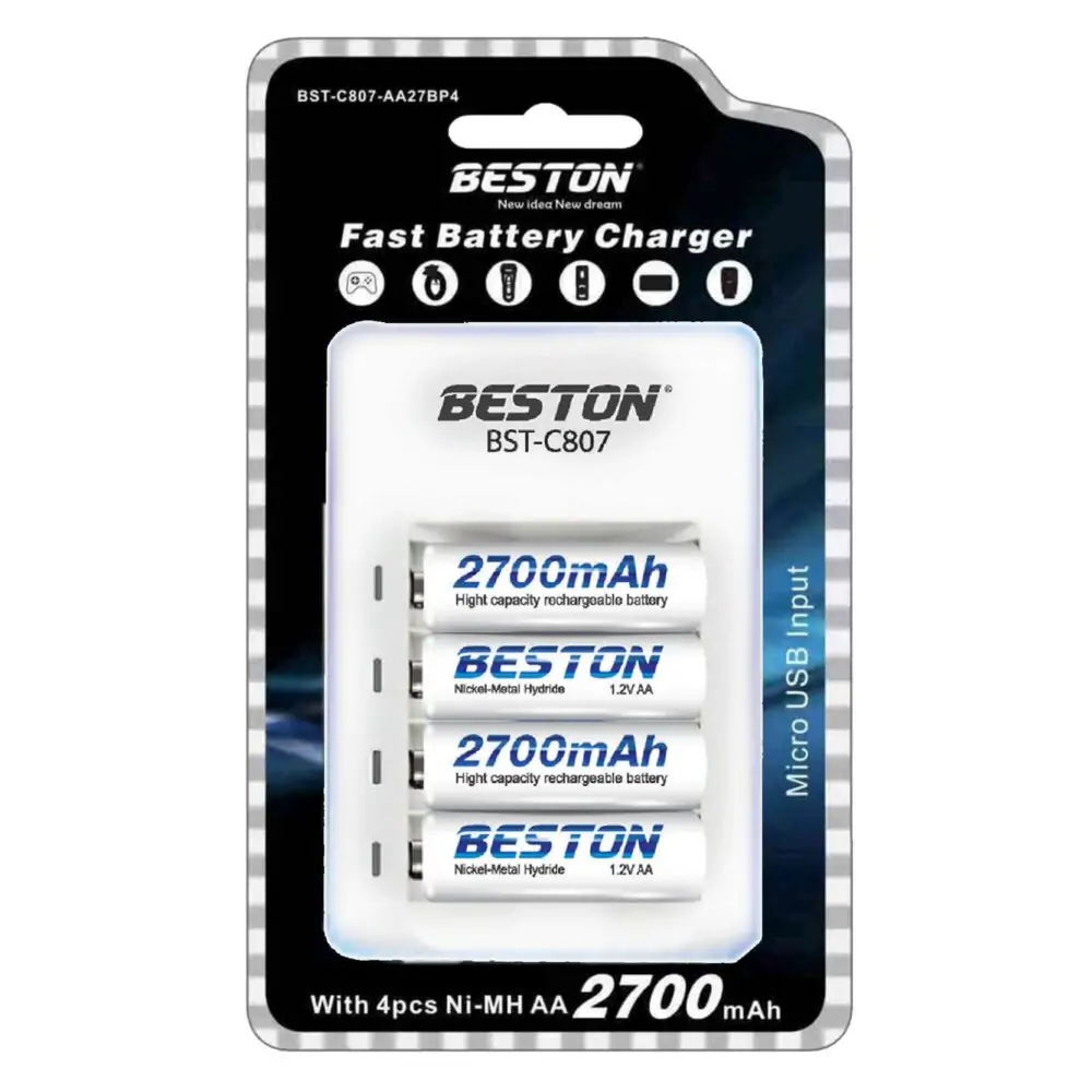 Beston BST-C807 Fast Battery Charger (Type-C/Micro-USB) + 4×AA 2700mAh Ni-MH