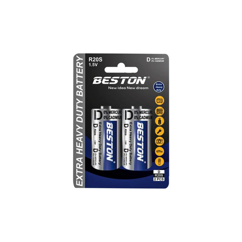 Beston D R20S 1.5V Extra Heavy Duty Battery — Carded 2‑Pack