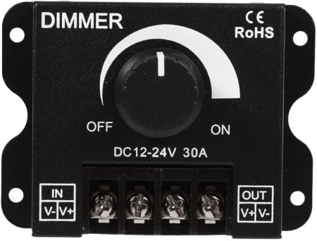 LED Dimmer DC 12–24V 30A (Single-Color PWM, Knob Control, Metal Housing)