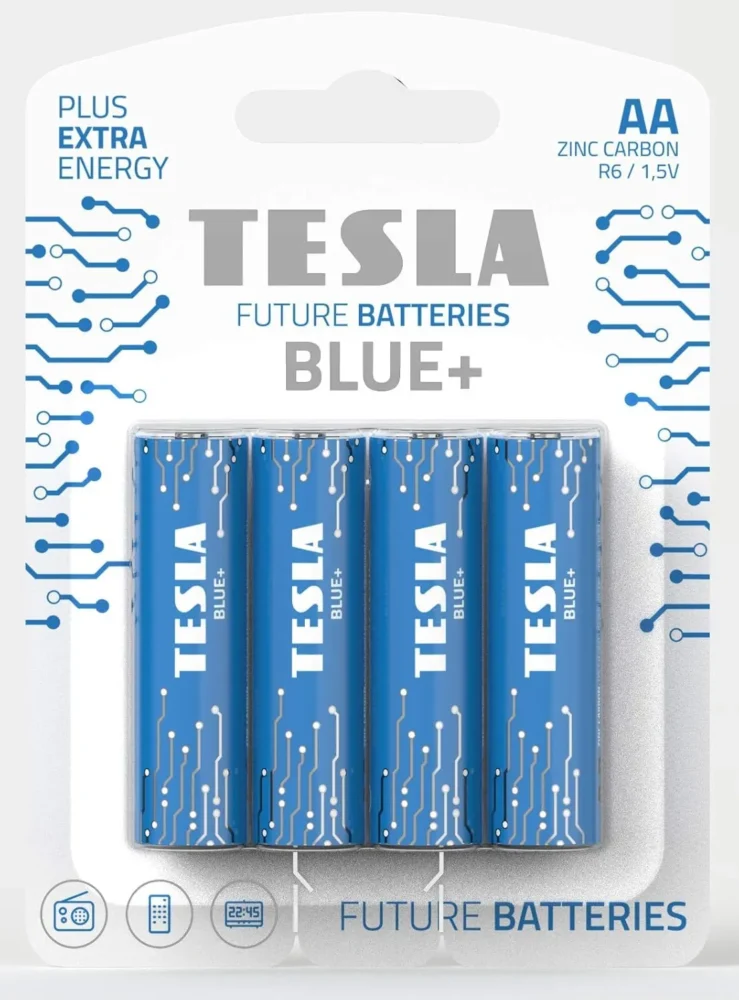 TESLA BATTERIES BLUE+ Plus Extra Energy AA Zinc-Carbon (R6, 1.5V) – 4-Pack