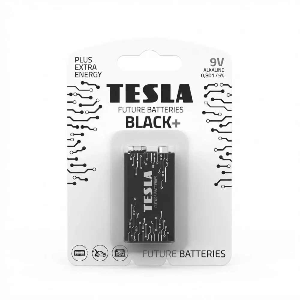 TESLA BATTERIES Black+ Plus Extra Energy 9V Alkaline (6LR61) – 1-Pack