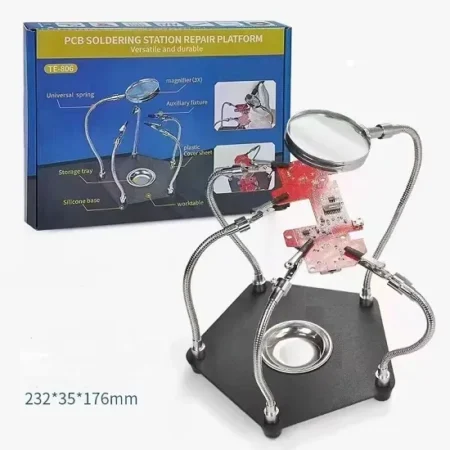 TE-806 PCB Soldering Station Repair Platform with 3X Magnifier (62mm) – 4 Alligator Clips