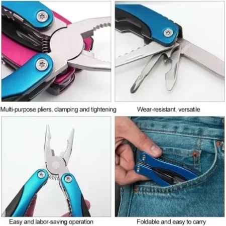 Multifunctional Pliers Pocket Tool 9-in-1 – Compact Stainless Steel EDC Multitool (Blue/Red/Black Handle)