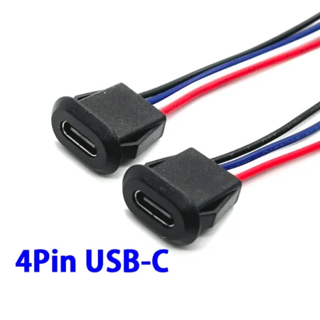 Waterproof USB Type-C Female 4-Pin Socket Connector with Wire 10cm – Data Transfer – Black / White