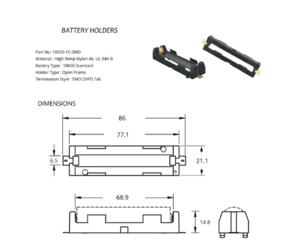 Holder 18650 1Cell SMD Single Cell Surface-Mount Battery Holder