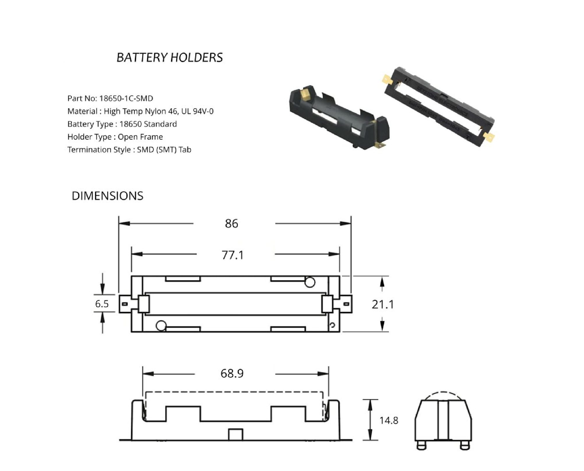 Holder 18650 1Cell SMD Single Cell Surface-Mount Battery Holder 1 microohm 33