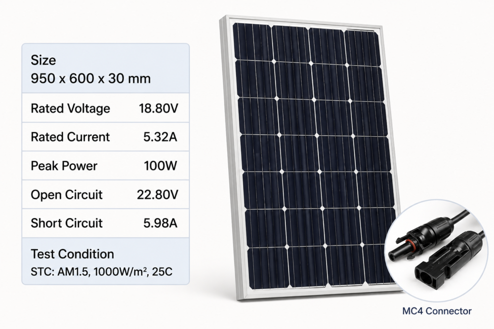 18V 100W Monocrystalline Solar Panel 950×600×30mm – High Efficiency PV Module with MC4 Connector