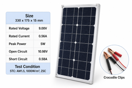 9V 5W Monocrystalline Solar Panel 330×175×15mm – Compact PV Module with Crocodile Clips