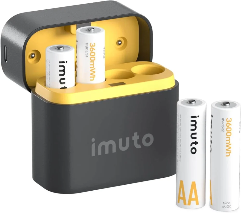 imuto TF-CD-056CE Rechargeable AA Lithium Batteries 3600mWh 1.5V 4 Pack with 4-Slot Charging Case