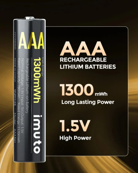 imuto TF-CD-011CE Rechargeable AAA Lithium Batteries 1300mWh 1.5V 8 Pack with 8-Slot Charging Case