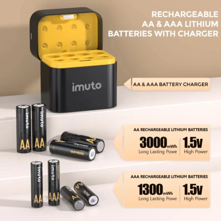 imuto TF-CD-010CE AA and AAA Rechargeable Lithium Battery Set 1.5V with 8-Slot Smart Charger