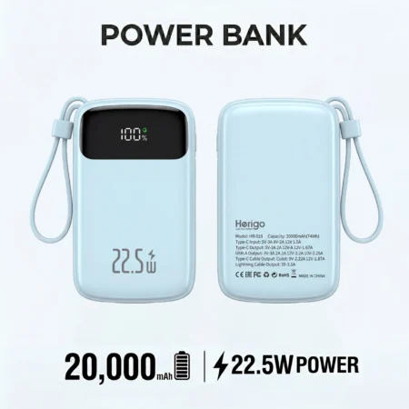 Herigo HR-018 20000mAh 22.5W Fast Charging Power Bank with Digital Display and Built-in Cables