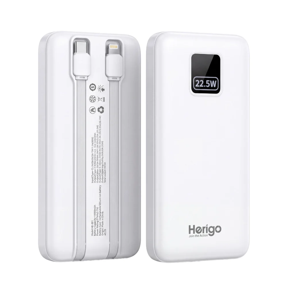 Herigo DBK HR-001 10000mAh 22.5W Super Fast Charging Power Bank with Built-in Type-C and Lightning Cables