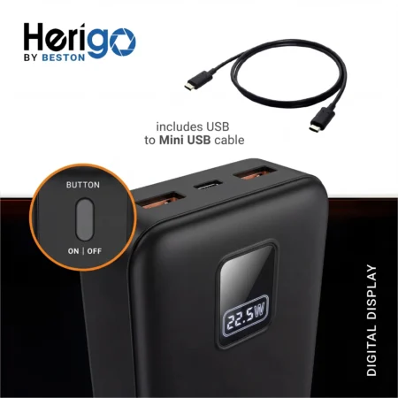Herigo DBK HR-002 20000mAh 22.5W Super Fast Charging Power Bank with Built-in Type-C and Lightning Cables
