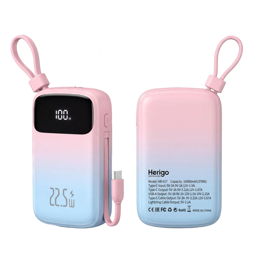 Herigo HR-017 10000mAh 22.5W Fast Charging Power Bank with Digital Display and Built-in Cables