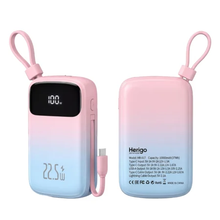 Herigo HR-017 10000mAh 22.5W Fast Charging Power Bank with Digital Display and Built-in Cables