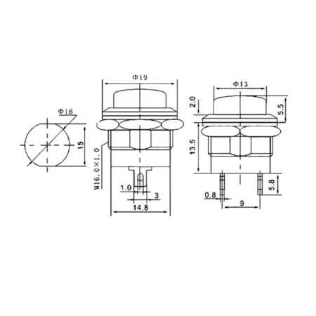 R13-507 16mm 2-Pin Momentary Push Button Switch 3A 250VAC