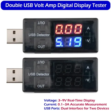 Portable Dual USB Voltage Current Tester 3-9V 0.1-3A Digital Display