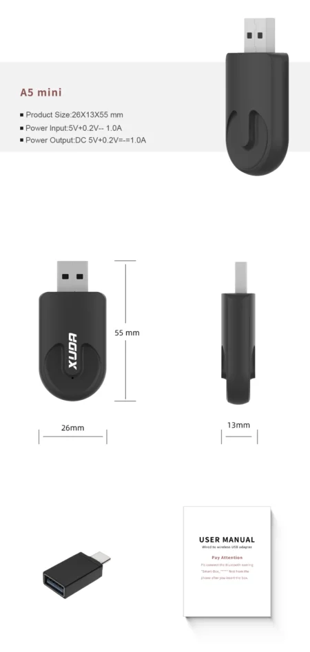 XUDA A5 Mini Wireless CarPlay Android Auto USB Adapter 2 in 1 Smart Mini Box