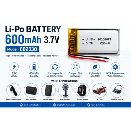 Li-Po Battery 3.7V 600mAh 602030 Rechargeable Polymer Battery