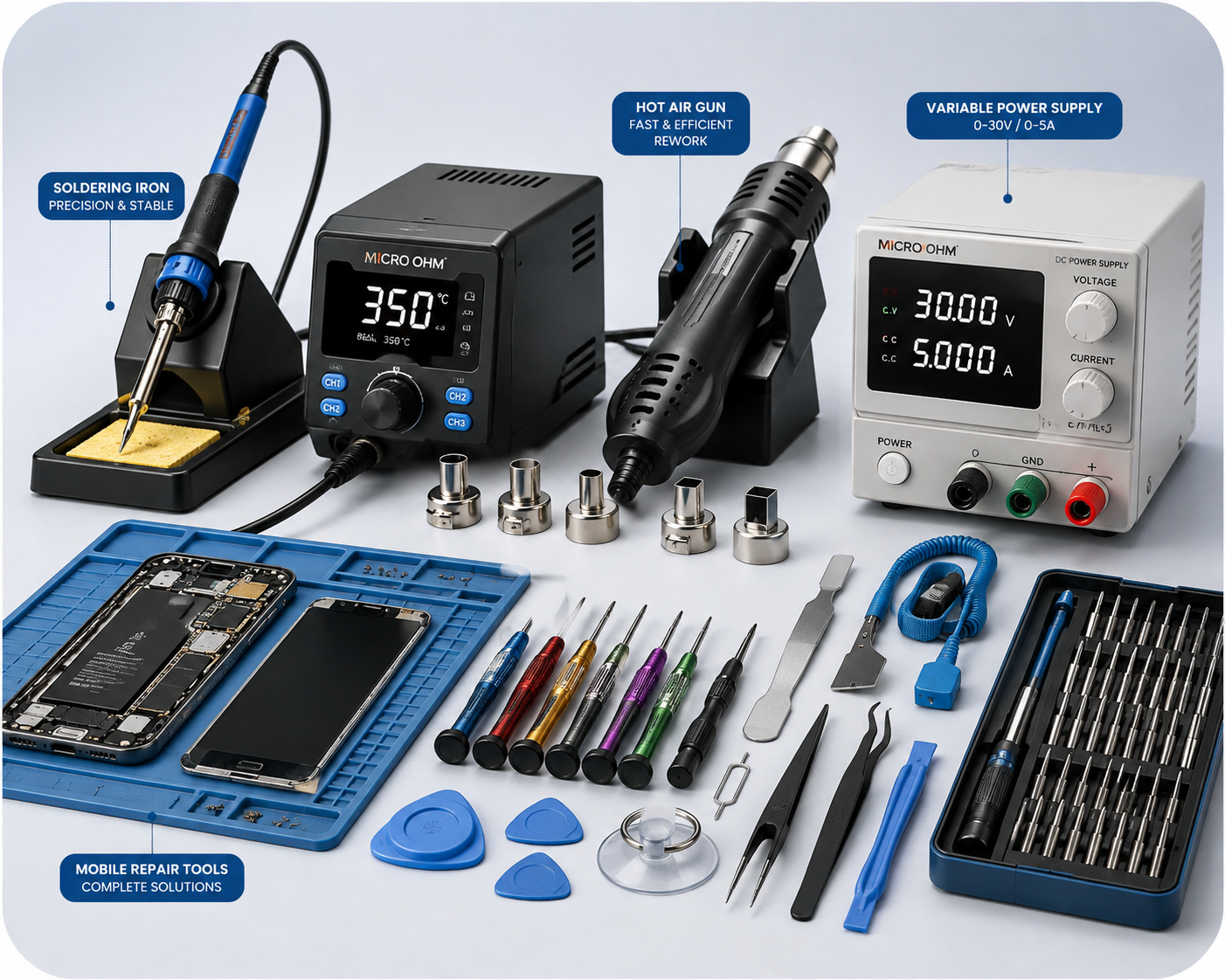 Soldering irons, hot air rework stations, variable power supplies and mobile repair tools