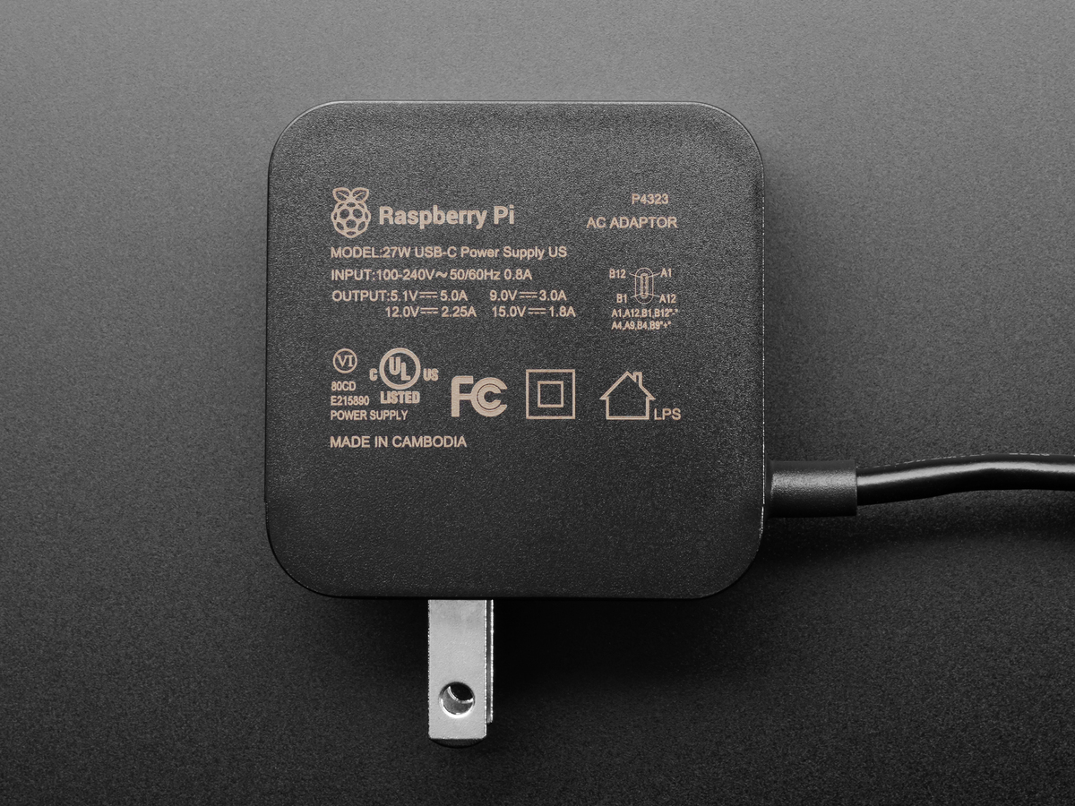 Raspberry Pi 27W USB-C Power Supply Black US specifications