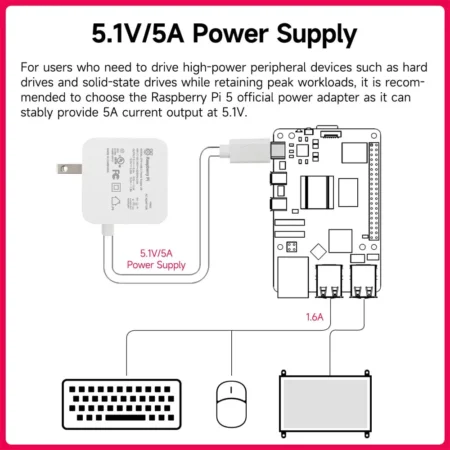 Official Raspberry Pi 5 27W USB-C Power Supply 5.1V 5A – US Type A Plug, Black