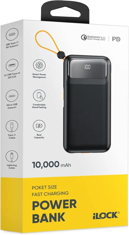 iLOCK 5098 10000mAh 4-Port Fast Charging Power Bank with Built-In Cables – Black