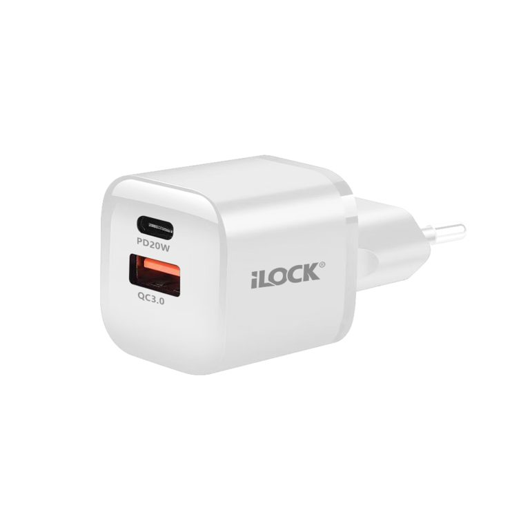 iLock 5093 GaN Wall Charger 20W USB-C PD + USB-A QC 3.0 White