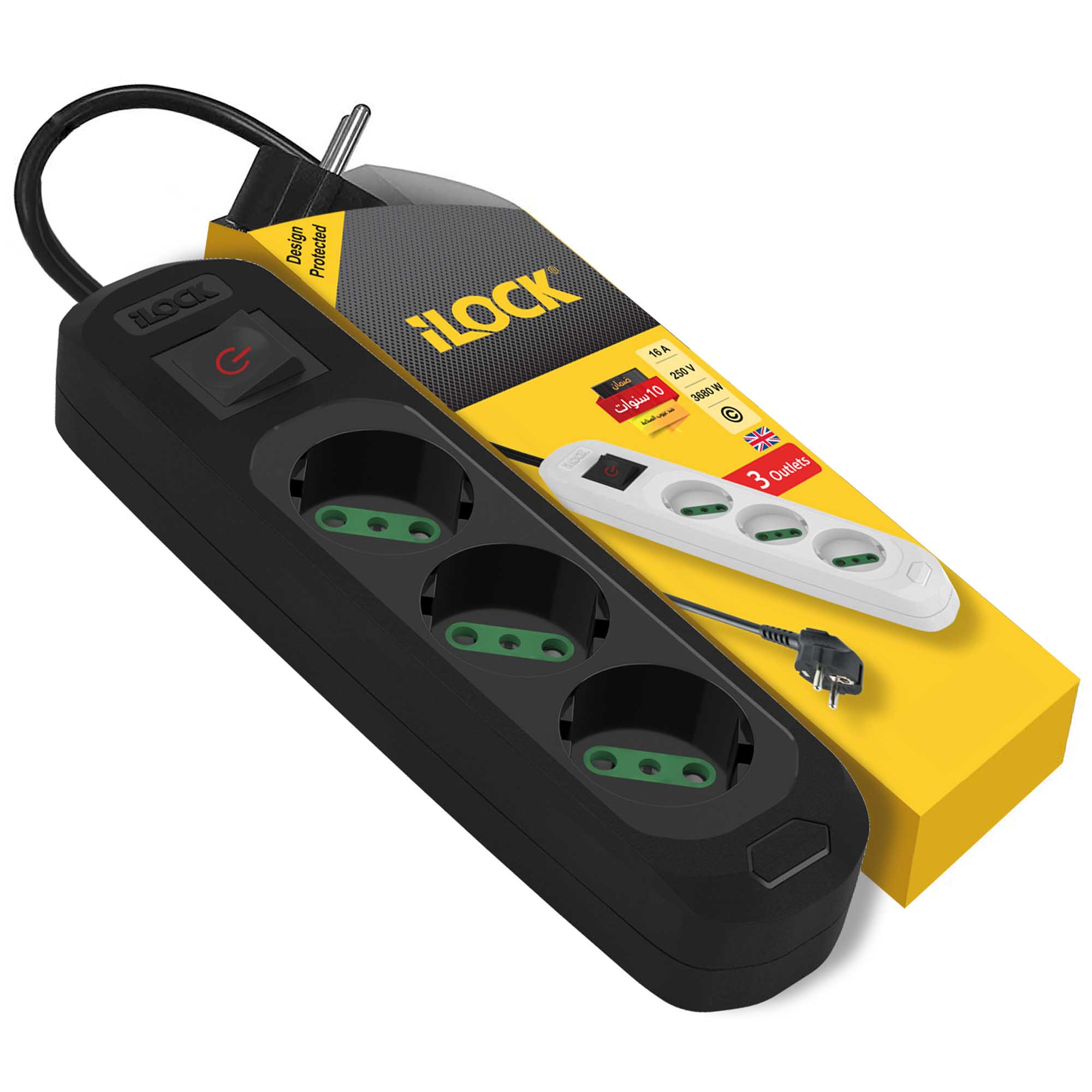 iLock Power Strip 5074 3 Schuko Outlets 16A 250V 3680W 1.5m Black